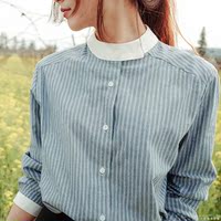 韩国东大门秋装复古小立领薄衬衣田园学院风长袖条纹大码女装衬衫