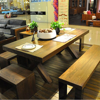 欧式全实木餐桌组合6人长方形小户型榆木复古泡茶桌会客洽谈桌子