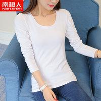 圆领T恤女紧身长袖韩版显瘦纯色打底衫上衣纯棉体恤秋季白色大码