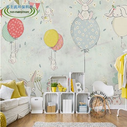 现代卡通简约素雅气球小兔子儿童房背景墙壁纸  客厅沙发无缝壁画